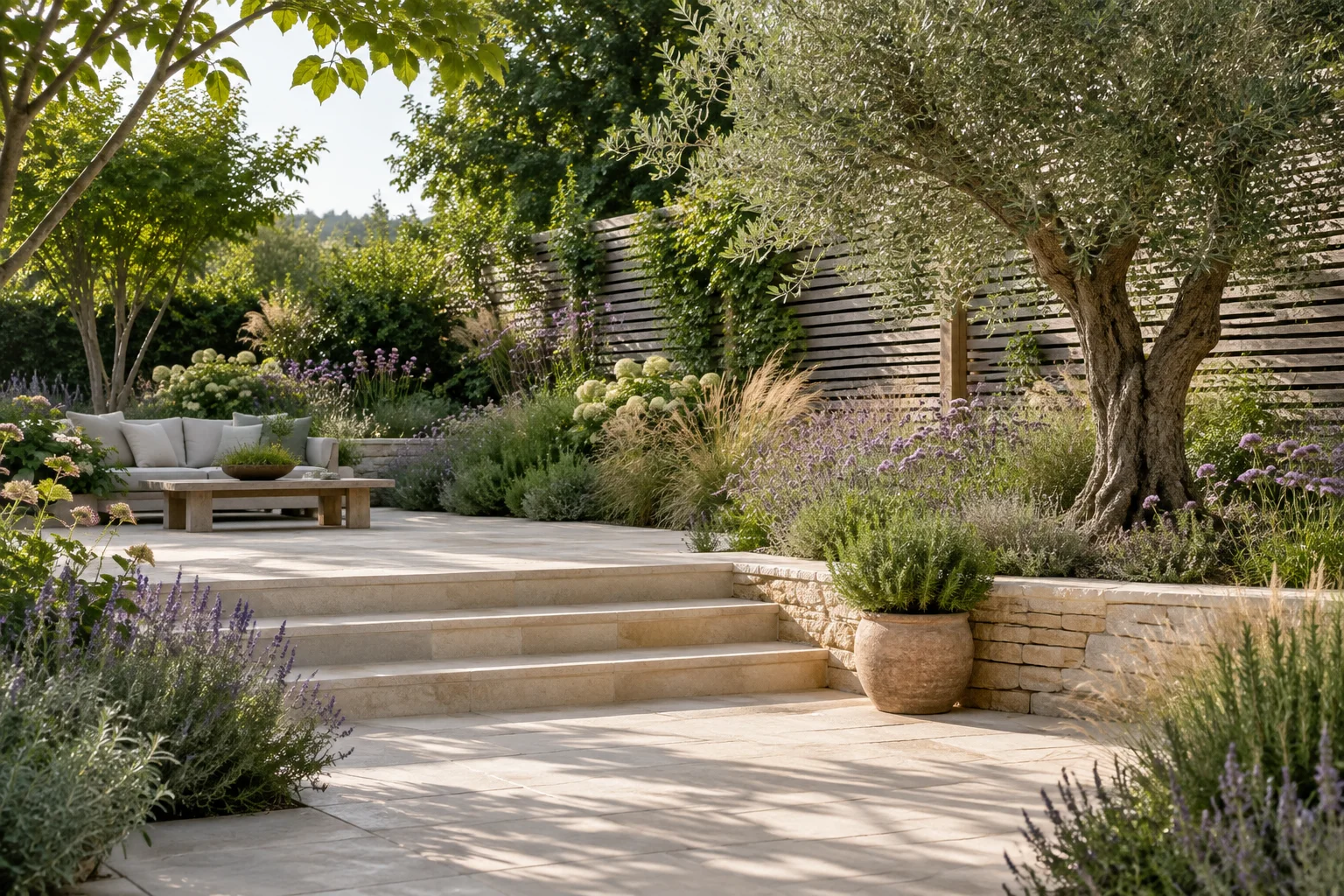 A landscaped garden with natural stone and lush planting