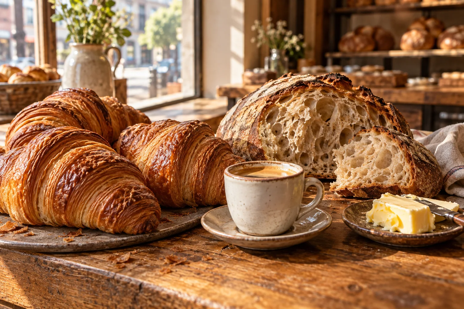 Fresh pastries and coffee on a bakery counter